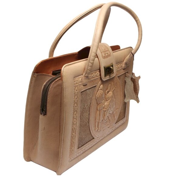 Vintage Mexican Tan Tooled Leather Handbag Purse Mayan Art Bull Retro Top Handle - Picture 5 of 16